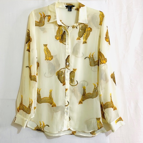 Forever 21 Tops - Forever 21 Leopard Animal Print Long Sleeves Sheer Button Front Top Size M